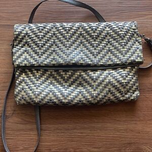 Eileen Fisher Taupe and Gold Woven Leather Convertible Purse